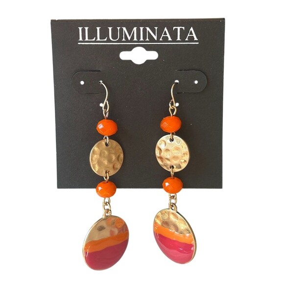 ILLUMINATA Earrings Orange Pink Enamel Beads Hammered Disc Dangle Hook - Picture 3 of 4